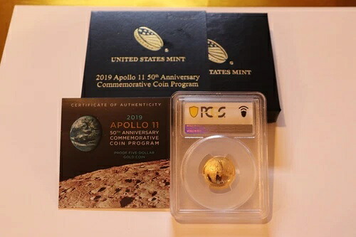 2019-W 5 ドル アポロ 11 号 プルーフ金貨、PCGS PR70 DCAM、OGP&COA。