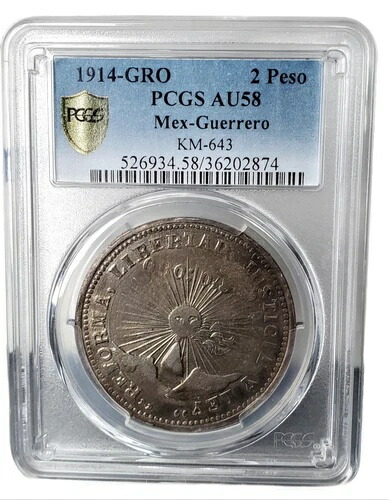 1914年 グロ・メキシコ革命期 ゲレロ 2ペソ銀貨 PCGS PM0084 1,001,000円