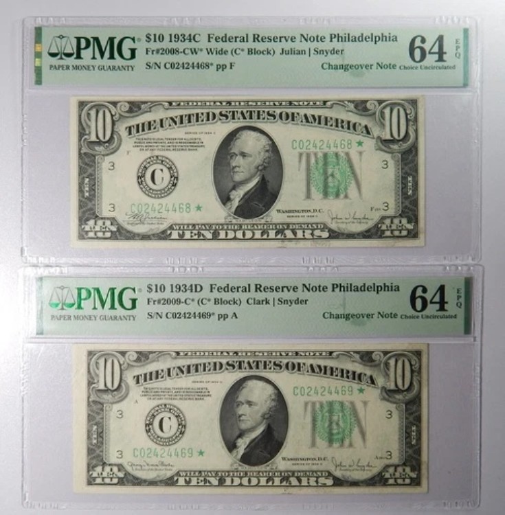 1934C/D $10* フィラデルフィア チェンジオーバー スター ペア PMG 64 EPQ Fr. 2008-CW*/C*