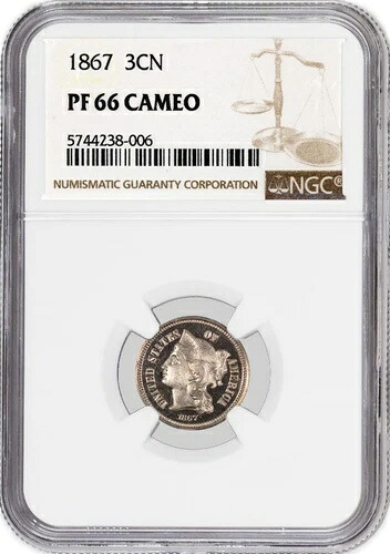1867年 3CN プルーフ 3セントニッケル NGC PF66 カメオ ジェムコイン