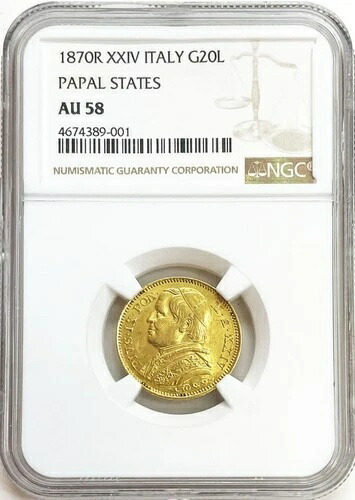 1870年 R ゴールド イタリア 教皇領 20リラ 教皇ピウス9世 コイン ローマ造幣局 NGC AU 58