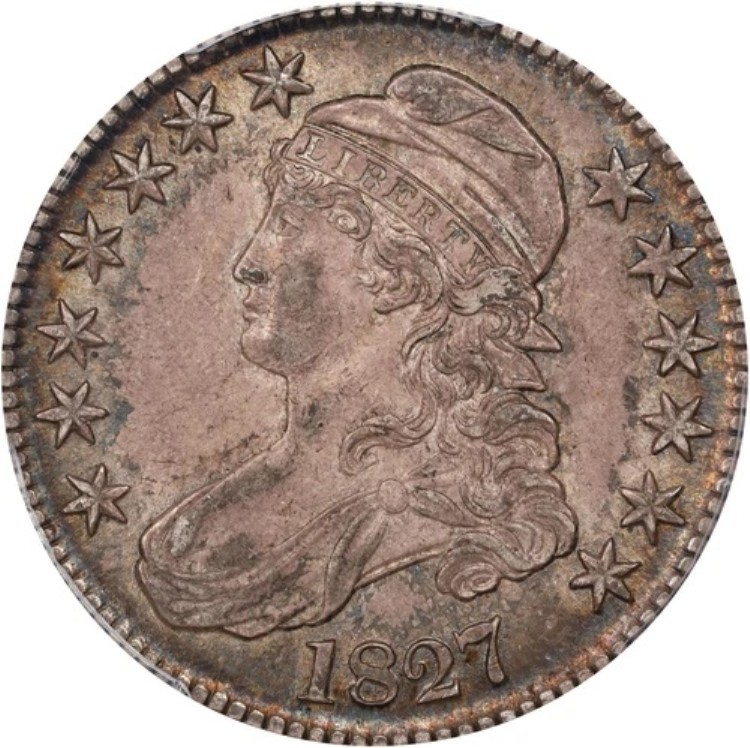 キャップドバストハーフダラー 1827 O-104、スクエアB. 2、PCGS AU-55 CAC 魅力的なPQコイン