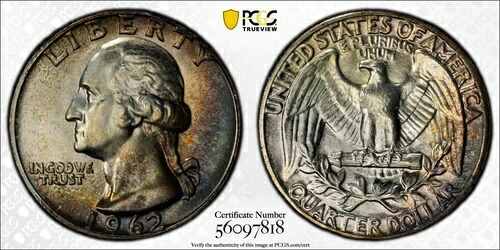 PCGS MS67 1962年 ワシントン クォータートーン
