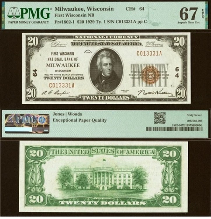 1929年 20ドル ナショナルバンク ミルウォーキー、ウィスコンシン州 CH# 64 PMG 67EPQ トップポップ 最高級品 400,400円