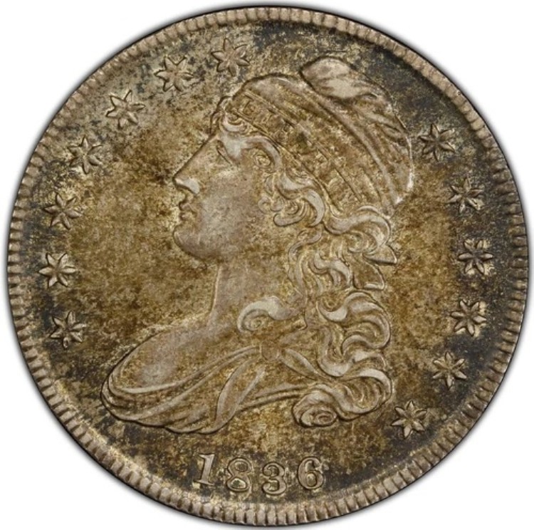 キャップドバストハーフダラー 1836年 PCGS AU-58 エッジに文字入り！素晴らしい経年変化！