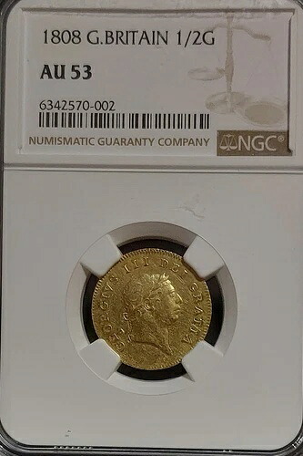 1808年 イギリス ジョージ3世 1/2ギニー金貨 NGC AU53 フルグレード、注釈なし 1,001,000円