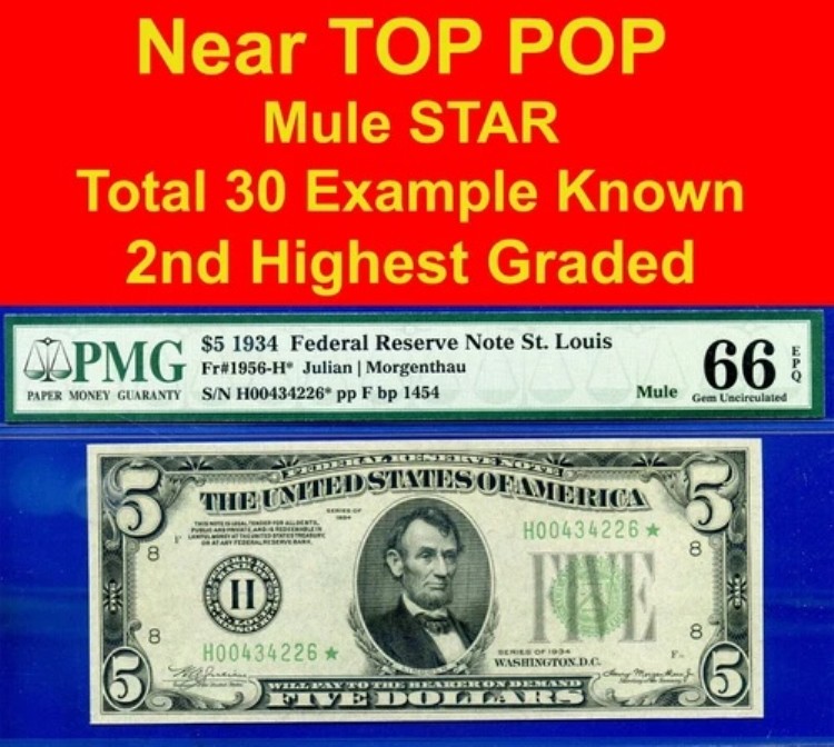 1934 $5 FRN セントルイス スター PMG 66EPQ 2番目に高いグレードのスター Fr 1956-Hm* 1,001,000円