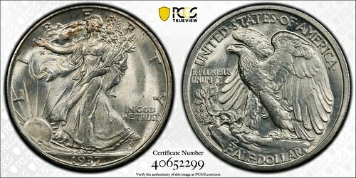 1937年 S ウォーキング リバティ ハーフ PCGS MS 66 スノーホワイト、素晴らしいブルーミング表面