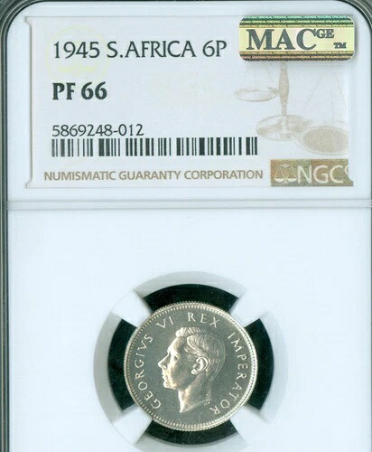 1945年 南アフリカ 6ペンス NGC PR66 MAC スポットレス 150枚 鋳造 *
