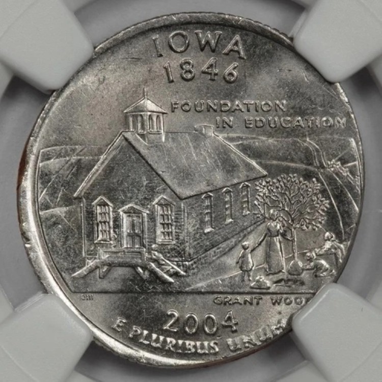 2004年 NGC MS63 4.9グラム楕円形クリッププランシェットアイオワクォーターミントエラーに刻印