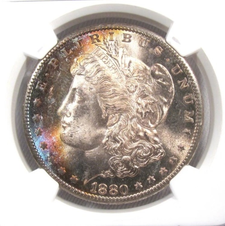 188O-S シルバー モルガン ダラー レインボートーン NGC MS66 ダブルデイトコイン AQ753