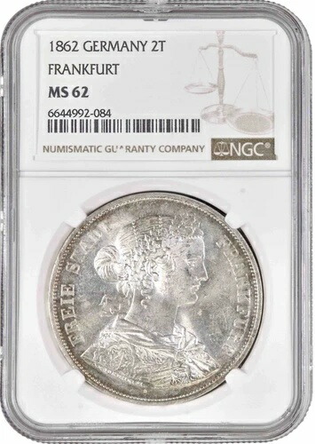 フランクフルト 2ターラー 1862年、NGC MS62、「フランクフルト自由都市（1807年 - 1866年）」