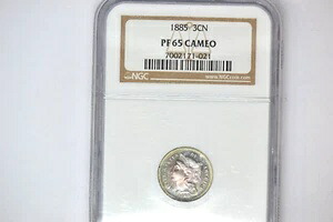 1885年製3セントニッケル貨 - NGC PF-65 カメオ。非常に希少な年代物。
