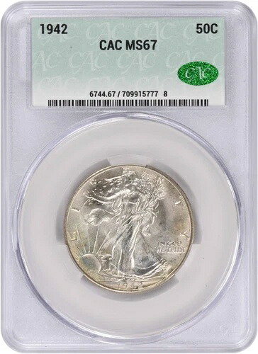 1942年ウォーキング・リバティ・シルバー・ハーフドル MS67 CACG 1,003,200円