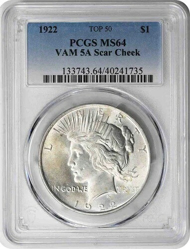 1922年 VAM 5A ピースダラー スカーチーク MS64 PCGS 1,003,200円