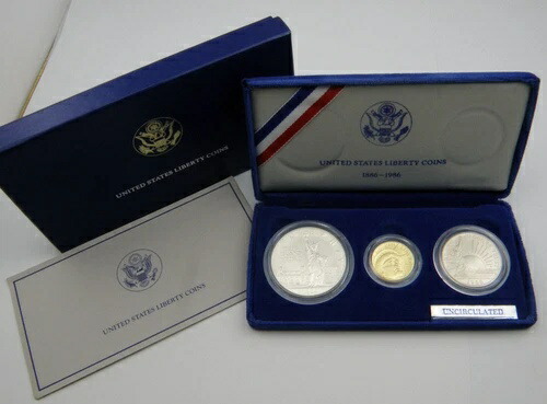 1986年米国リバティコインセット - 5ドル金貨、1ドル銀貨、0.5ドル銀貨、鑑定書と箱付き