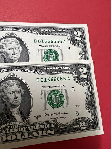 ファンシーシリアルナンバー (2) $2 2009 2017 01 666666 6 列の一致する SN 。