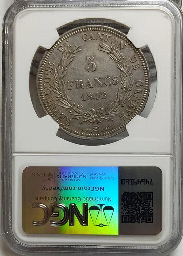 スイスの州 ジュネーブ 5フラン 1848年。NGC Au58