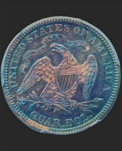 1883年 PCGS PR64 発行枚数14,400枚 + プルーフ1,039枚！青赤の美しさ！25セント着席型クォーター