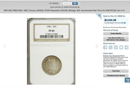 1901 NGC PR65 $2,130 APR このコイン！レインボープルーフ バーバークォーター