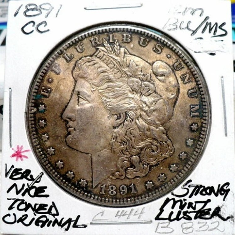 1891-CC モーガン銀貨、ジェム BU/MS、より良い日付、トーン加工オリジナル、NICE+ C444