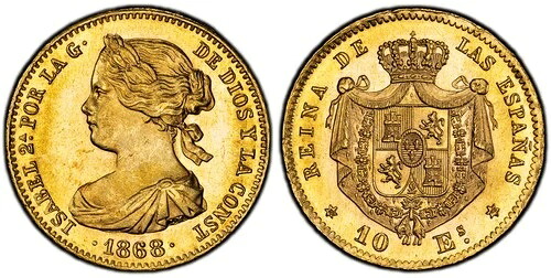 スペイン。イザベル2世。 1868年（68）-（六芒星）10エスクード。 PCGS MS64 マドリッド Fr-336