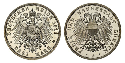 ドイツ軍、リューベック。1911-A AR 3 マーク。NGC PR65UCAM KM 215; イェーガー 82。