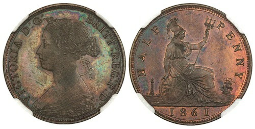 イギリス ヴィクトリア 1861年 ハーフペニー NGC PR65BN S-3956; ペック 1768年 バリアント