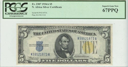 1934A $5 北アフリカ PCGS 67 スーパーブ GEM FR#2307 KA ブロック