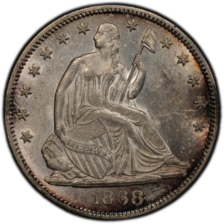 1868年 着席型自由の女神像 ハーフドル ? PCGS AU58 ? トレーダー・ビー パープルコア ? 希少