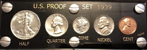 1939年米国造幣局発行 シルバープルーフセット 宝石コイン ブラックキャピタルホルダー ディスプレイボックス