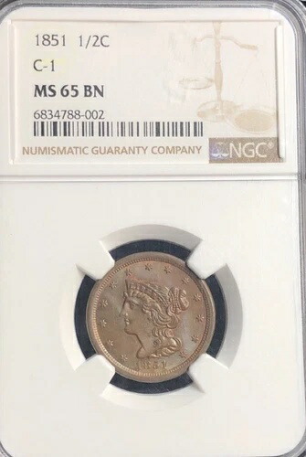 1851 NGC MS 65 BN 編み込みヘア ハーフセント 非常に低ポップ 高品位 赤みあり