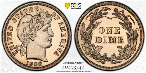 1908年 P ダイム バーバーまたはリバティヘッド PCGS PR-64