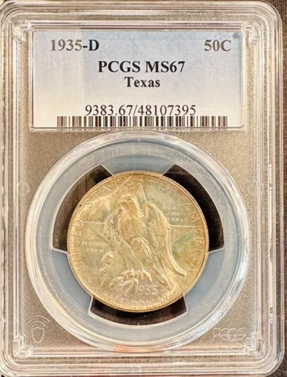 1935-D テキサス記念ハーフドル、PCGS MS67 認定、宝石のような輝き