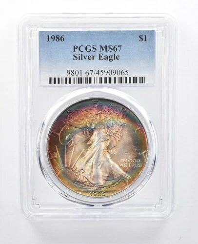 1986年 アメリカン シルバー イーグル MS67 PCGS レインボートーン *7993