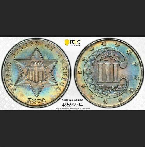 1870年 PCGS PR64 発行枚数 3,000枚 + 1,000プルーフ \u003d 3番目に安い3セント銀貨 カラー