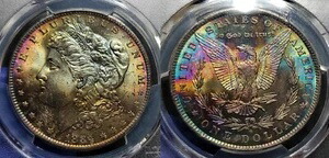 1884 O モーガン シルバー ダラー $1 PCGS MS 65 モンスター レインボー トーニング!!!
