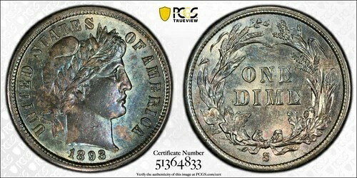 1893年S/S バーバーダイム PCGS AU58 トーン ゴージャスカラー RPM FS-501