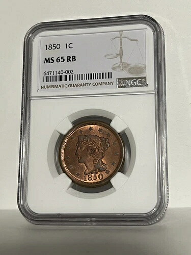 NGC MS-65 RB 1850 編み込みヘア ラージセント、完璧な状態、フロスティ、レッドブラウンジェム、PQ