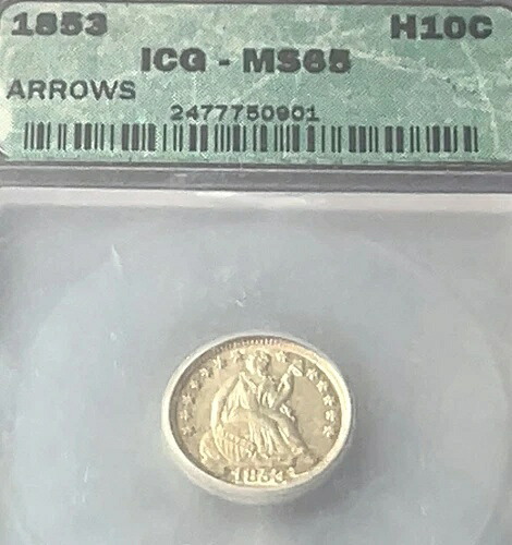 1853年米国造幣局発行 自由の女神像 シルバーハーフダイム ICG MS65 美しく希少