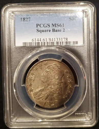 1827年製 キャップドバスト ハーフダラー スクエアベース 2 PCGS MS61 クラスティオリジナルブック: 2100ドル