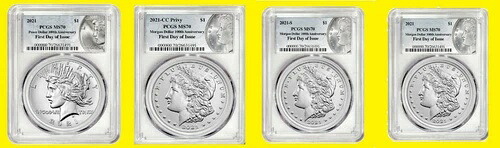 2021 ピース ハイレリーフ モーガン CC、S、P 4 コイン PCGS MS 70 発行初日 540,760円