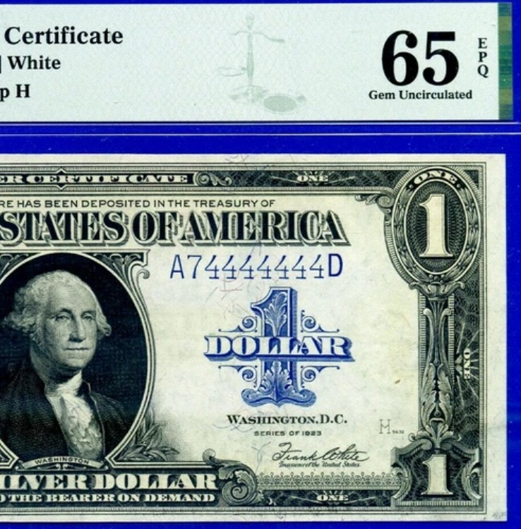 1923年 1ドル銀貨証明書 PMG Gem 65EPQ - ほぼ無垢 シリアル番号 74444444