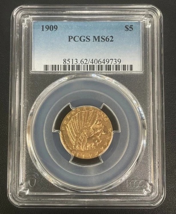 1909-P 5ドル金貨ハーフイーグルインディアンヘッド、PCGS MS-62、良質未使用金貨