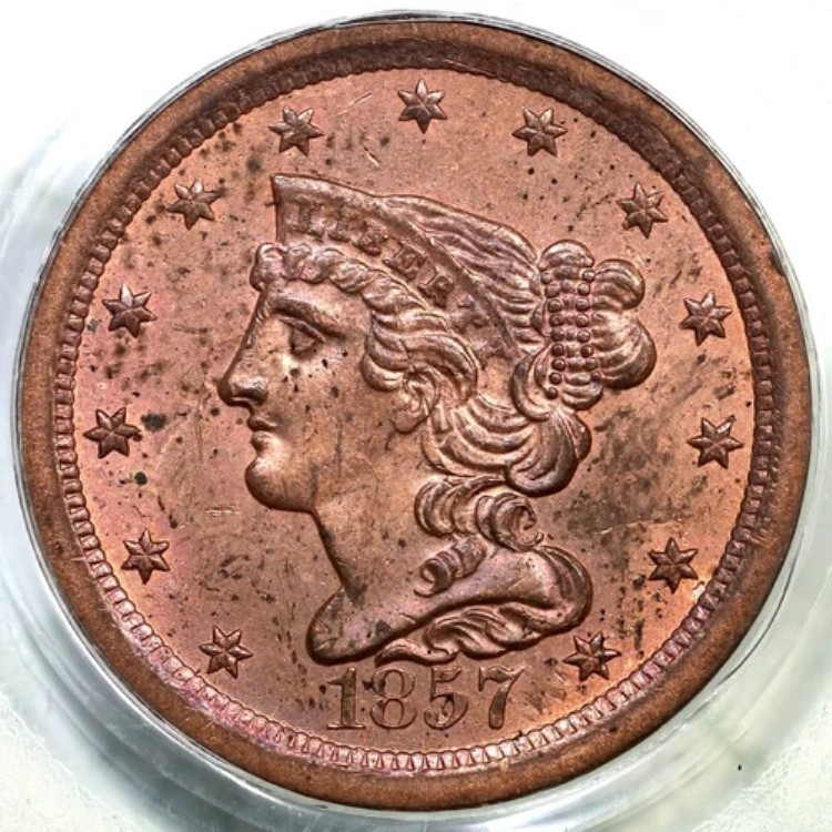1857 C-1 PCGS MS 63 RB 編み込みヘア ハーフセントコイン 1/2セント