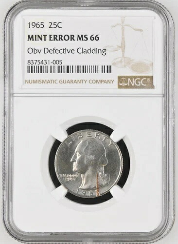 1965年ワシントンクォーター MS66 クラッドエラー 銅貨に日付刻印あり - 希少 548,680円