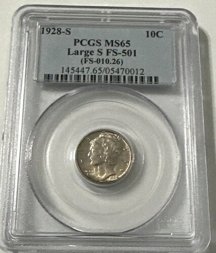 1928-S マーキュリー ダイム PCGS グレード MS-65!! 希少なラージ S バリエーション。