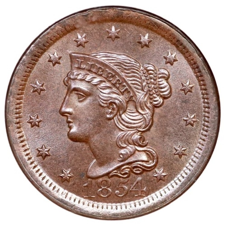 1854年 N-25 R-3 NGC MS 66 BN CCレベル 編み込みヘア ラージセントコイン 1セント