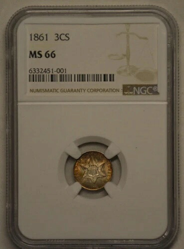 1861年 3C シルバー MS 66！NGC鑑定済み！美しい色合い！