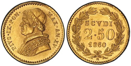 イタリア製 聖教皇領記 ピウス9世 1860-XV-R AV 2-1/2 Scudi PCGS MS66 ローマ Fr-273